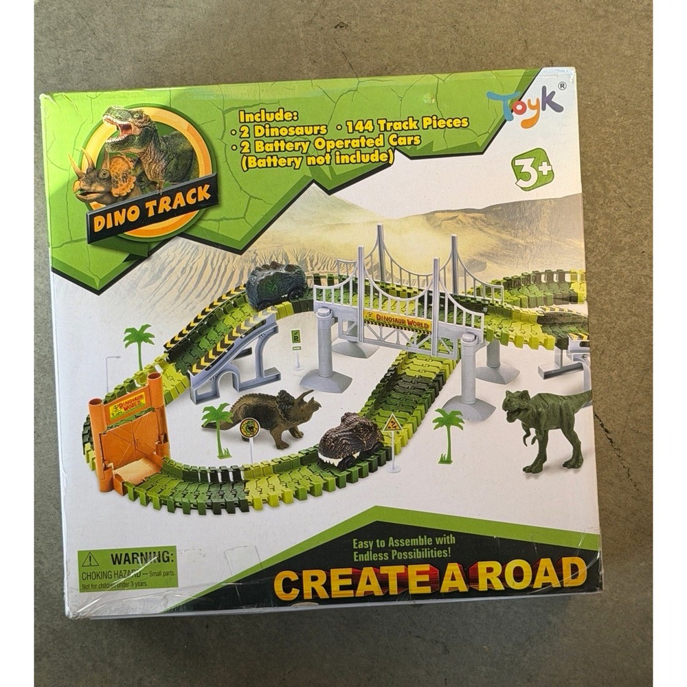 Toyk Create A Road Dino Track 144 Pieces 2 Dinosaurs 2 Battery Cars Bridge Set